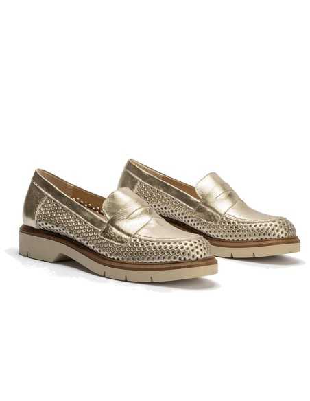 JucaZapatos - Pitillos 10402 - ORO - Mocasin con picados mujer en piel laminado ORO