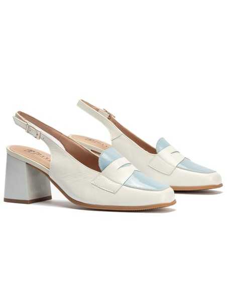 JucaZapatos - Pitillos 10491 - GLACIAL-CE - Mocasin talon abierto con tacón mujer con hebilla en piel charol AZUL