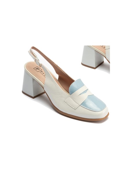 JucaZapatos - Pitillos 10491 - GLACIAL-CE - Mocasin talon abierto con tacón mujer con hebilla en piel charol AZUL