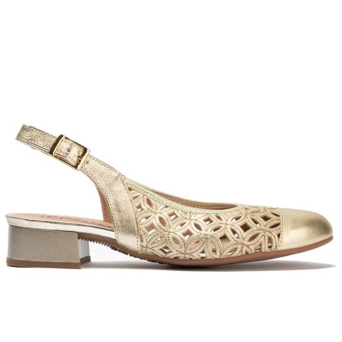 JucaZapatos - Pitillos 11121 - ORO - Zapato salón destalonado con tacón bajo y punta redonda, en laminado brillante Oro