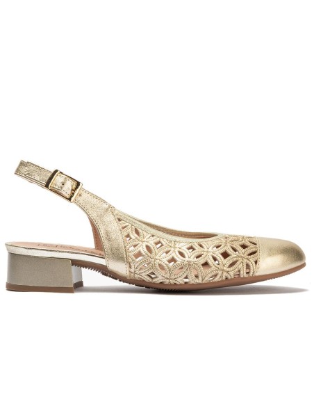 JucaZapatos - Pitillos 11121 - ORO - Zapato salón destalonado con tacón bajo y punta redonda, en laminado brillante Oro