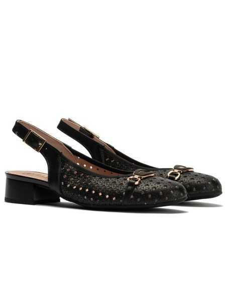 JucaZapatos - Pitillos 11124 - NEGRO - Zapato salón destalonado con adorno y tacón bajo, con punta redonda Negro