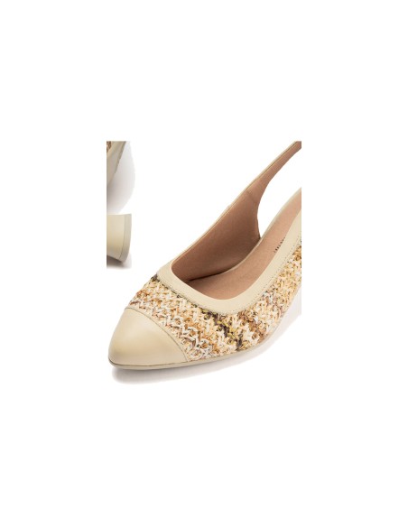 JucaZapatos - Pitillos 11185 - CREMA - Zapato salón destalonado con tacón medio, en piel napa y rafia Crema