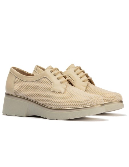 JucaZapatos - Pitillos 11241 - CREMA - Blucher con cordones, cuña y tejido Crema
