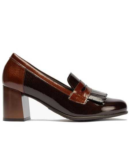 JucaZapatos - Pitillos 11654 - MARRON/CUERO - Mocasín antifaz flecos combinado charol bicolor Marrón-Cuero