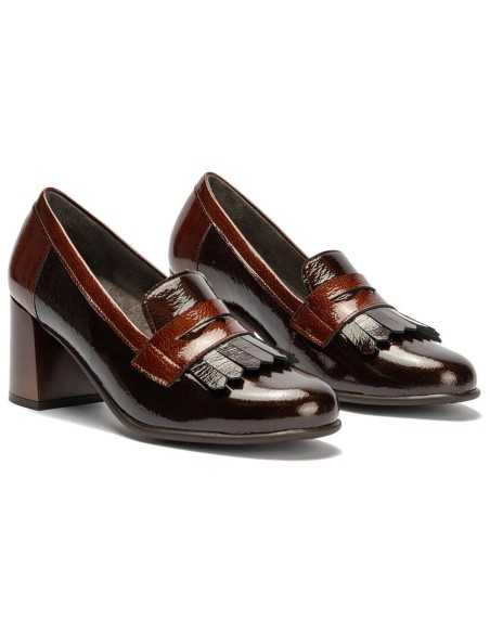 JucaZapatos - Pitillos 11654 - MARRON/CUERO - Mocasín antifaz flecos combinado charol bicolor Marrón-Cuero