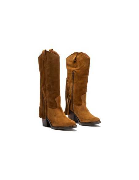 JucaZapatos - Pitillos 30520 - BRANDY - Bota Alta con Flecos en Serraje Brandy