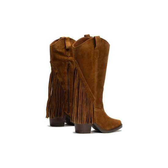 JucaZapatos - Pitillos 30520 - BRANDY - Bota Alta con Flecos en Serraje Brandy