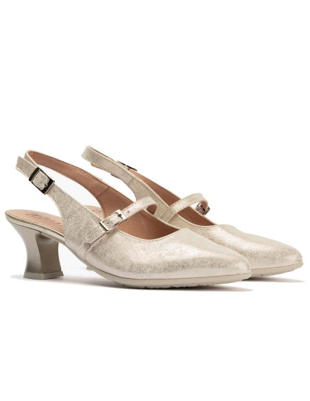JucaZapatos - Pitillos 11183 - ORO - Zapato salón destalonado con tacón medio, en piel laminada y pulsera Oro