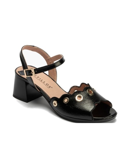 JucaZapatos - Pitillos 11213 - NEGRO - Sandalia con tacón medio, detalles metalizados y pulsera Negro