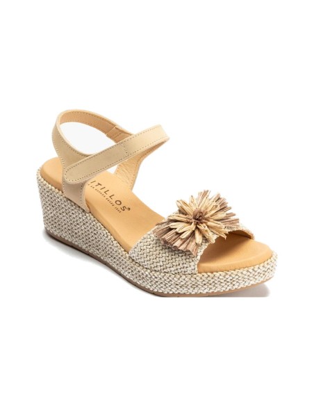 JucaZapatos - Pitillos 11262 - NATURAL - Sandalia de rafia con cuña baja, detalle floral y pulsera Natural