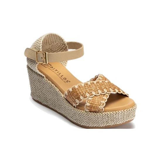 JucaZapatos - Pitillos 11274 - CUERO - Sandalia de rafia con cuña alta, cruzados y pulsera Cuero