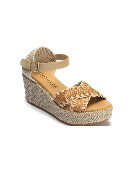JucaZapatos - Pitillos 11274 - CUERO - Sandalia de rafia con cuña alta, cruzados y pulsera Cuero