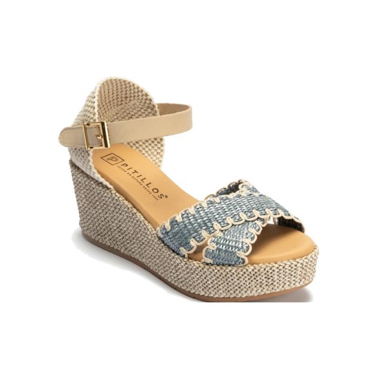 JucaZapatos - Pitillos 11274 - JEANS - Sandalia de rafia con cuña alta, cruzados y pulsera Jeans