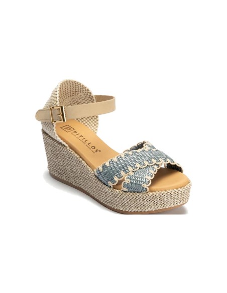 JucaZapatos - Pitillos 11274 - JEANS - Sandalia de rafia con cuña alta, cruzados y pulsera Jeans