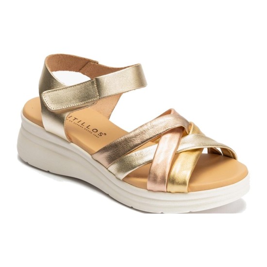 JucaZapatos - Pitillos 11290 - ORO - Sandalia con cuña media, pulsera y piel cruzada Oro