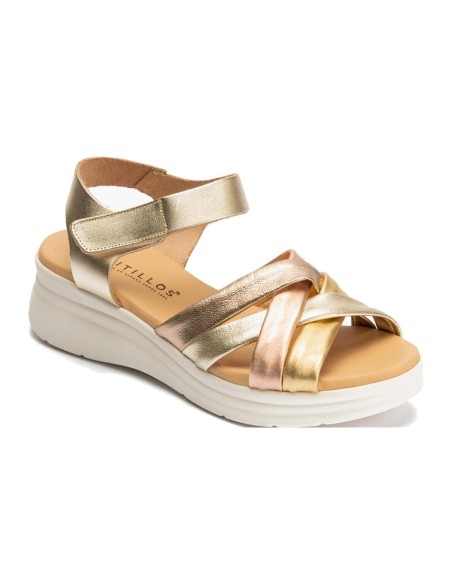 JucaZapatos - Pitillos 11290 - ORO - Sandalia con cuña media, pulsera y piel cruzada Oro