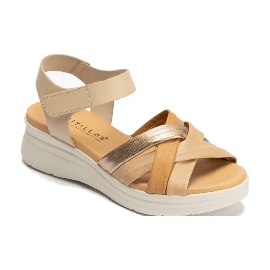 JucaZapatos - Pitillos 11290 - CREMA - Sandalia con cuña media, pulsera y piel cruzada Crema