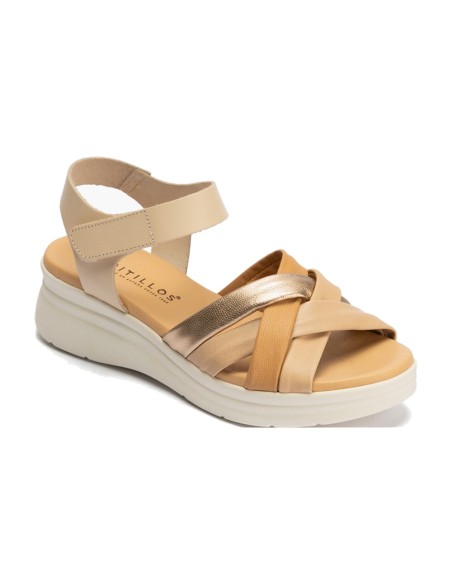 JucaZapatos - Pitillos 11290 - CREMA - Sandalia con cuña media, pulsera y piel cruzada Crema