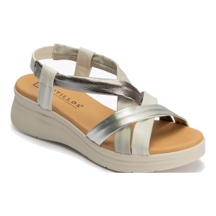 JucaZapatos - Pitillos 11291 - ORO - Sandalia con cuña media, pulsera y piel cruzada metalizada Oro