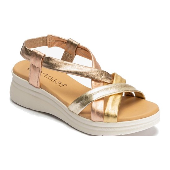 JucaZapatos - Pitillos 11291 - ORO - Sandalia con cuña media, pulsera y piel cruzada metalizada Oro