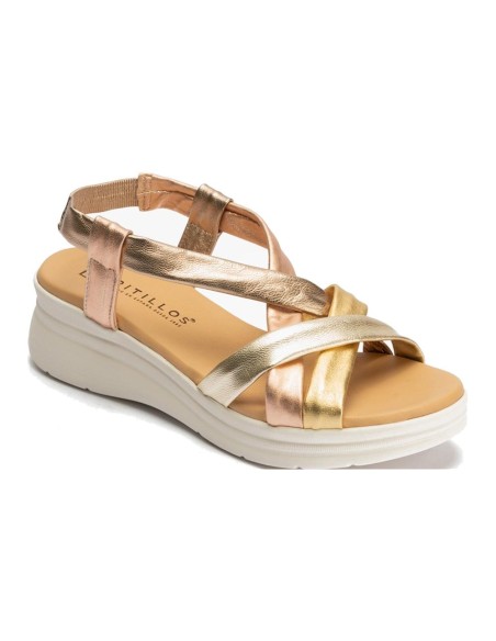 JucaZapatos - Pitillos 11291 - ORO - Sandalia con cuña media, pulsera y piel cruzada metalizada Oro