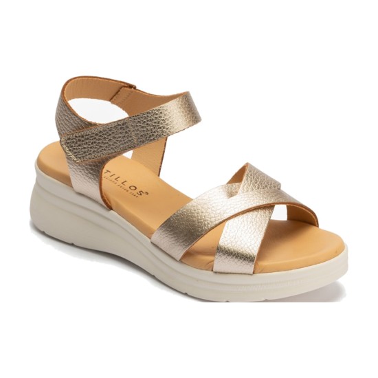JucaZapatos - Pitillos 11292 - ORO - Sandalia con cuña media, pulsera y piel metalizada Oro
