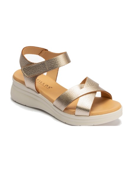 JucaZapatos - Pitillos 11292 - ORO - Sandalia con cuña media, pulsera y piel metalizada Oro