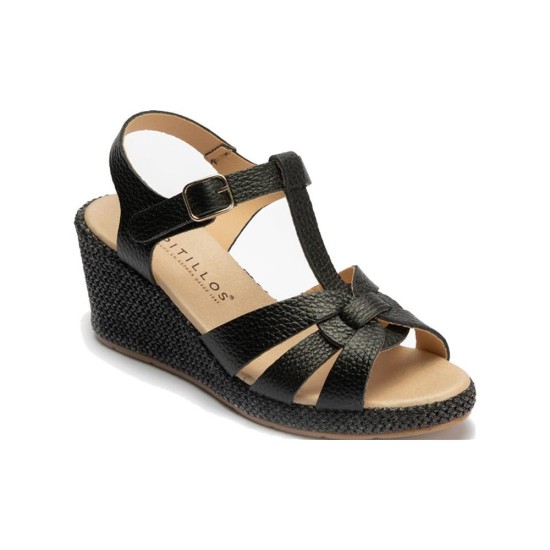JucaZapatos - Pitillos 11313 - NEGRO - Sandalia estilo valenciana con cuña alta y combinado en piel Negro
