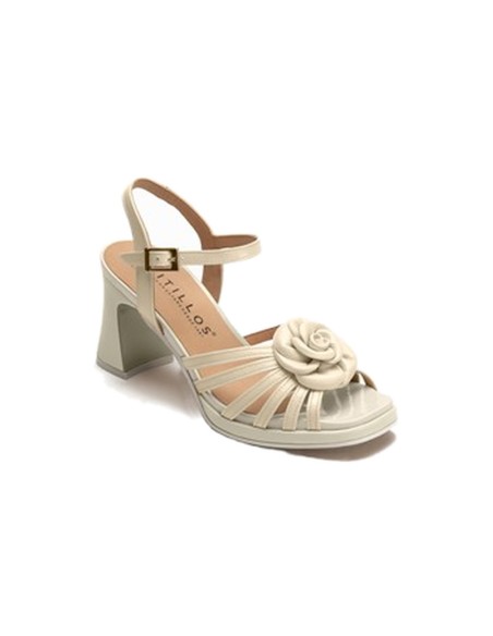 JucaZapatos - Pitillos 11221 - CREMA - Sandalia con tacón alto, pulsera y detalle floral en charol Crema