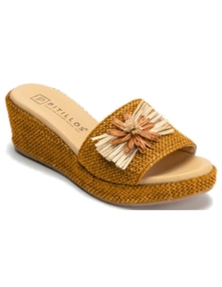 JucaZapatos - Pitillos 11261 - CUERO - Sandalia zueco de rafia con cuña baja Cuero