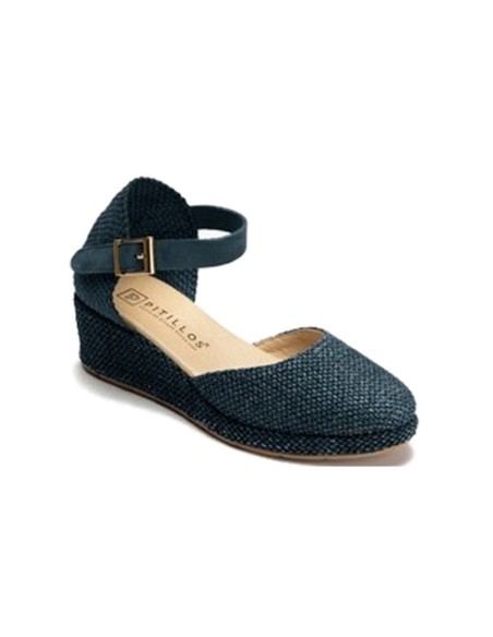 JucaZapatos - Pitillos 11303 - MARINO - Sandalia estilo valenciana con cuña media, detalles en rafia y pulsera Marino